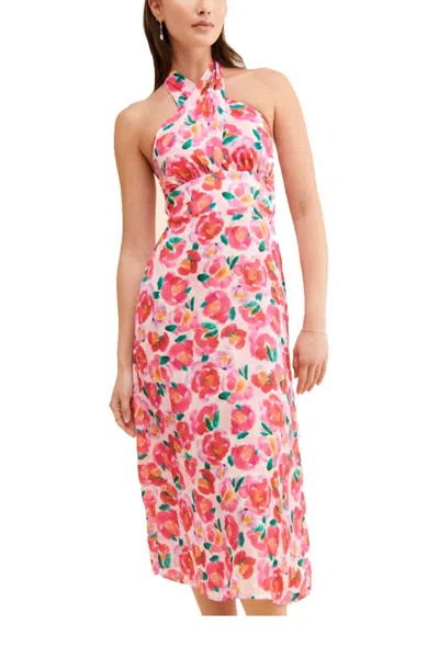 Adelyn Rae Tatiana Floral-print Twisted Cutout Midi Dress In Hot Coral In Pink
