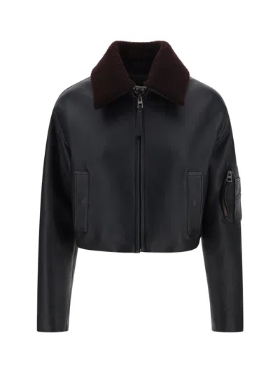 Loewe Cropped Shearling-trimmed Leather Jacket In Black