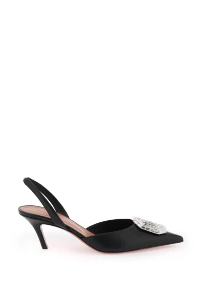 Amina Muaddi Camelia Crystal-embellished Satin Heeled Slingback Pumps In Black