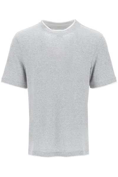 Brunello Cucinelli Overlapped Effect T Shirt In Linen And Cotton In Grey