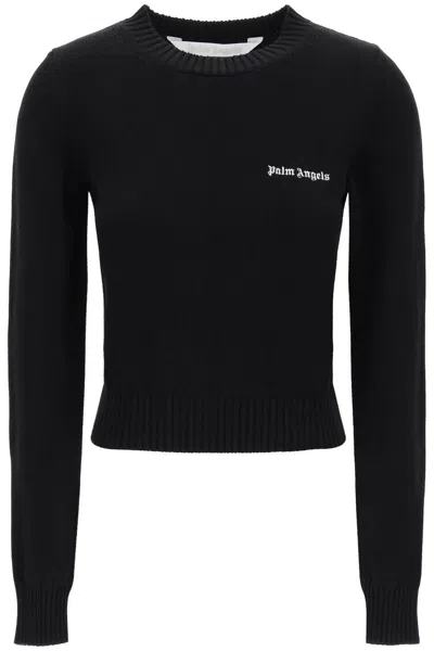 Palm Angels Pullover Cropped Con Ricamo Logo In Black