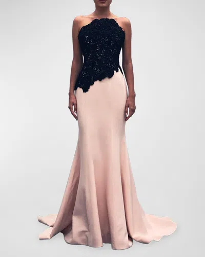 Romona Keveza Embellished Lace Strapless Trumpet Gown In Black Soft Pink