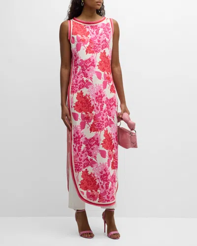 Frances Valentine Sabrina Long Side-slit Floral-print Top In Pinkorangewhite
