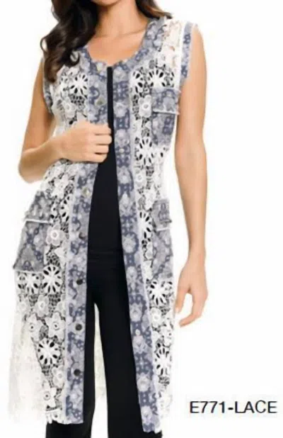 Adore Lace And Denim Long Vest In White In Beige