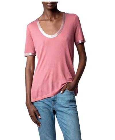 Zadig & Voltaire Tino Foil Scoop Neck Tee Shirt In Vieux Rose In Pink