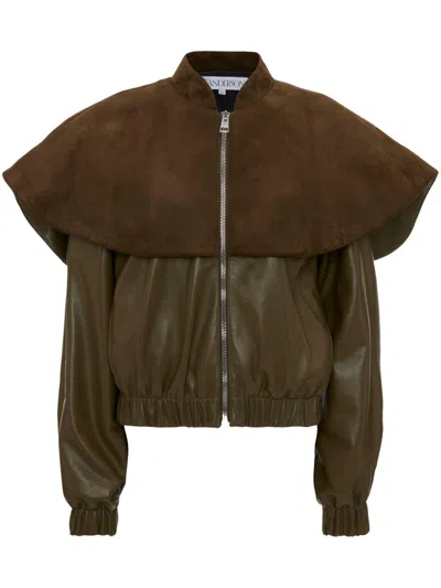 Jw Anderson Leather Bomber Jacket With Oversized Collar In Green