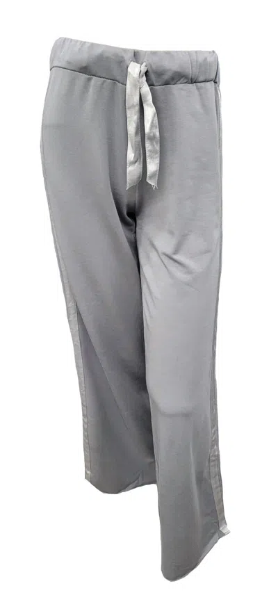 Pj Harlow Kimber Long French Terry Wide Leg Pant With Satin Stripes In Silver In Grey