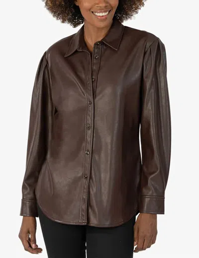 Kut From The Kloth Henrietta Pleather Button Down Top In Chocolate In Brown