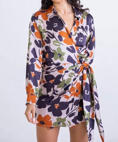 Karlie Floral Satin Wrap Pocket Dress In Taupe In Multi