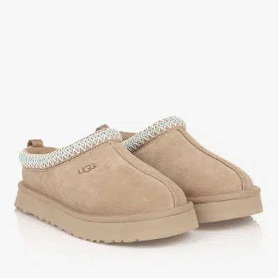 Ugg Teen Beige Suede Leather Tazz Slippers In White