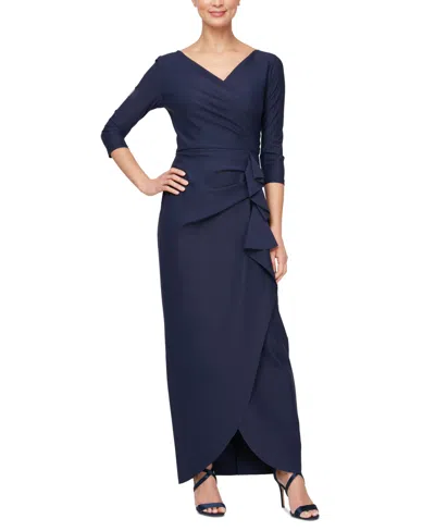 Alex Evenings Women's Compression Surplice Draped 3/4-sleeve Gown In Navy