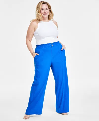 Inc International Concepts Plus Size Linen-blend Wide-leg Pants, Created For Macy's In Intense Cobalt