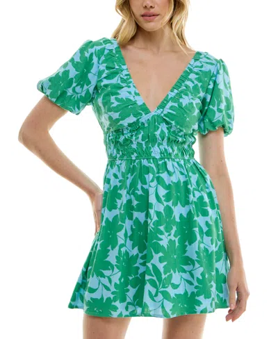 Trixxi Juniors' Floral-print Ruched-waist Puff-sleeve Dress In Bluegreen