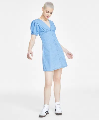 Celebrity Pink Juniors' Cotton Puff-sleeve Babydoll Dress In Light Blue