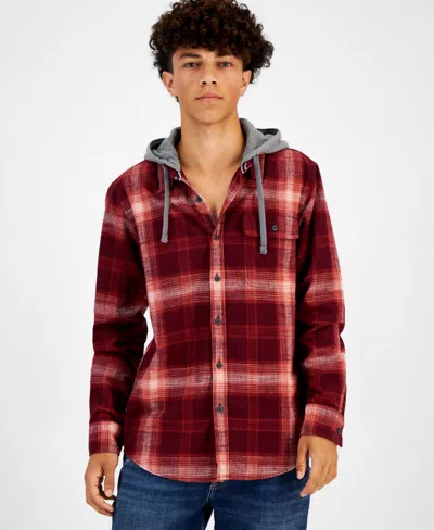 Sun + Stone Men's Andrew Plaid Hooded Flannel Shirt, Created For Macy's In Dark Scarlet