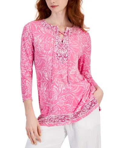Jm Collection Women's Printed 3/4 Sleeve Lace-up Knit Top, Created For Macy's In Bright Pink Combo