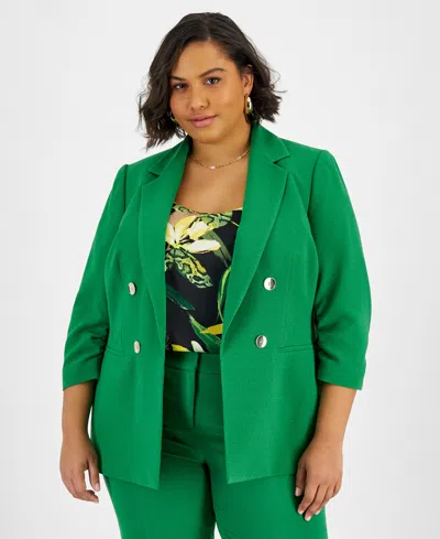 Bar Iii Plus Size Faux Double-breasted Ruched-sleeve Blazer, Created For Macy's In Green Chili