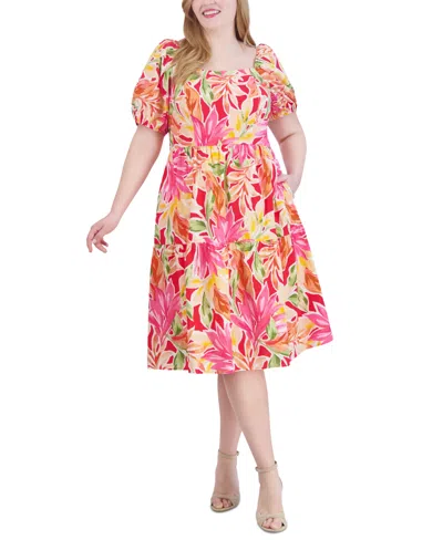 Vince Camuto Plus Size Square-neck Puff-sleeve Fit & Flare Dress In Pink Multi
