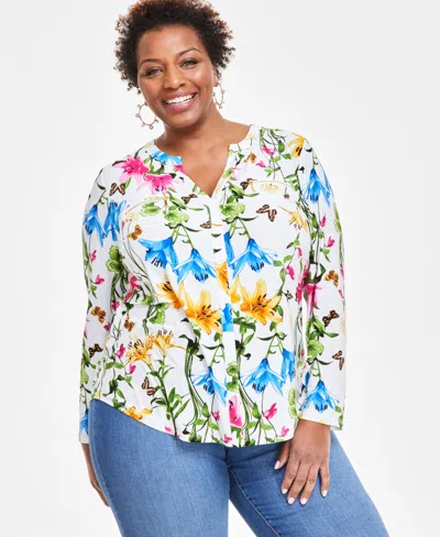 Inc International Concepts Plus Size Floral-print Zip-pocket Top, Created For Macy's In Risa Blooms