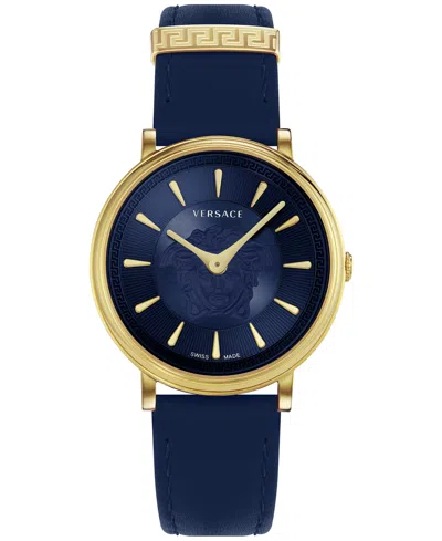 Versace Women's Swiss V-circle Blue Leather Strap Watch 38mm In Ip Yellow Gold