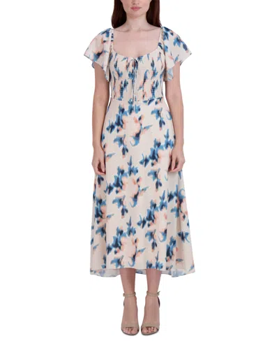Bcbgeneration Women's Printed Smocked Flutter-sleeve Midi Dress In Blurred Floral