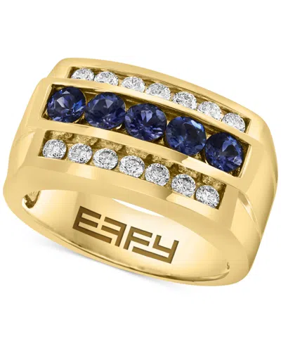 Effy Collection Effy Men's Sapphire (5/8 Ct. T.w.) & White Sapphire (1-3/8 Ct. T.w.) Three Row Ring In 10k Yellow Go In K Yellow Gold