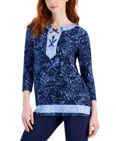 Jm Collection Women's Printed 3/4 Sleeve Lace-up Knit Top, Created For Macy's In Intrepid Blue Combo