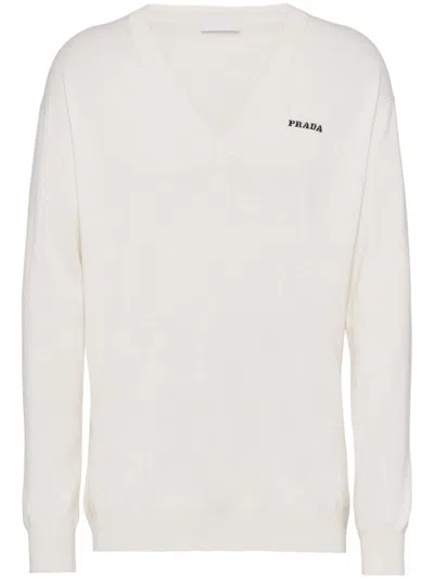 Prada V-neck Cashmere Sweater In Bianco