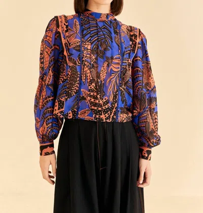 Farm Rio Blue Tropical Gold Pleated Long Sleeve Blouse