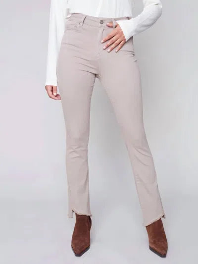 Charlie B Bootcut Twill Pant With Asymmetrical Fringed Hem In Almond In Beige