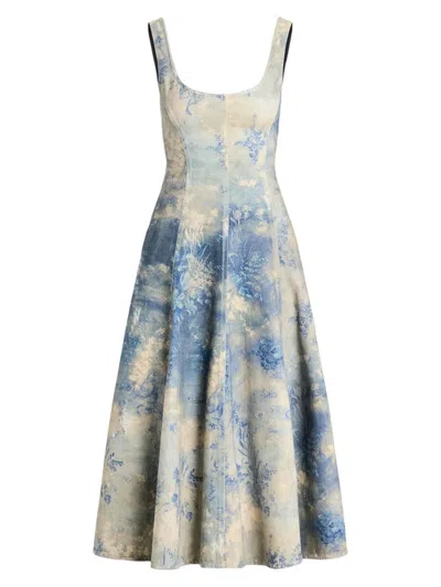 Ralph Lauren Tarian Floral-print Sleeveless Lace-up Denim Midi Dress In Blue/pearl Multi