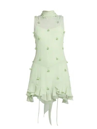 Stella Mccartney Beaded Scarf-neck Ruffle Mini Dress In Mint