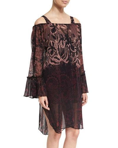 Fuzzi Floral Print Off-the-shoulder Coverup Dress, Black