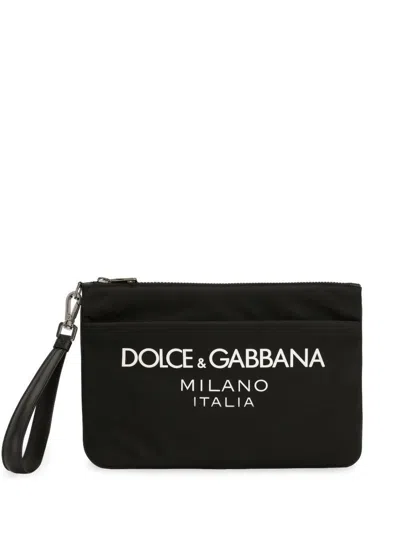 Dolce & Gabbana Black Pouch With Contrasting Rubberized Logo In Nylon
