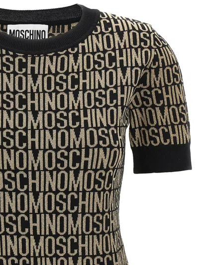 Moschino Logo Jacquard Crewneck Knitted Top In Shiny Gold