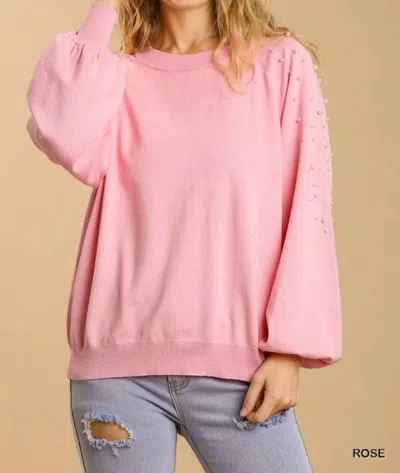 Umgee Round Neck Pullover Sweater With Long Sleeve Pearl Details In Pink