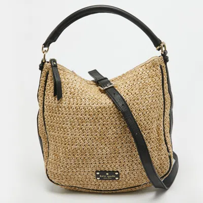 Pre-owned Kate Spade Beige/black Woven Straw And Leather Cobble Hill Hobo