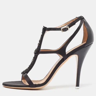 Pre-owned Ferragamo Black Satin Crystal Embellished Ankle Strap Sandals Size 41