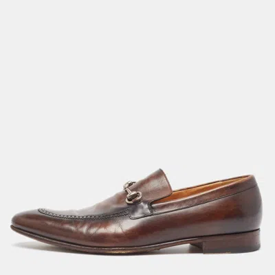Pre-owned Gucci Brown Leather Horsebit Loafers Size 44.5
