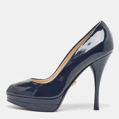 Pre-owned Versace Black Patent Leather Peep Toe Pumps Size 37 In Navy Blue