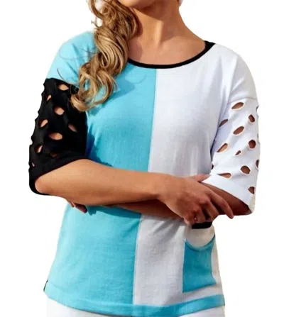 Angel 3/4 Sleeve Stripe Crew Neck Top In Turquiose/white In Blue