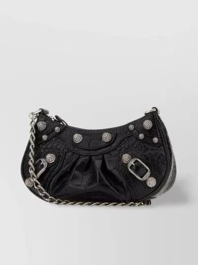 Balenciaga Women's Le Cagole Mini Bag With Chain Crocodile Embossed With Rhinestones In Black