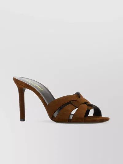 Saint Laurent Tribute Suede Stiletto Slide Mules In Brown