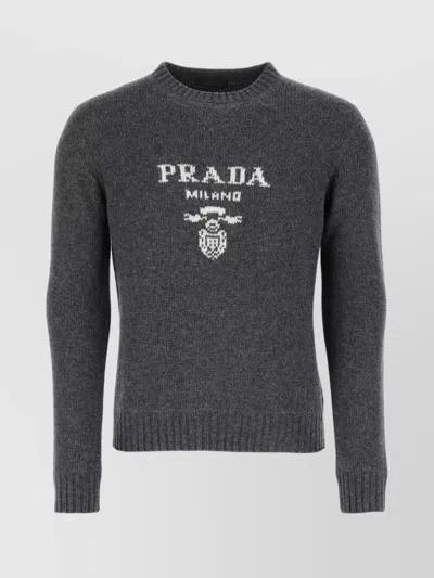 Prada Intarsia Logo Knit Crew In Grey