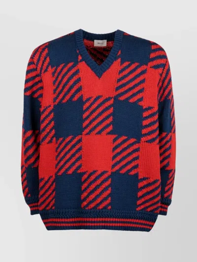 Bally Checked V-neck Cotton Jumper In Navy/red