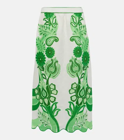 Farm Rio Festival Floral Linen Midi Skirt In Color Festival Green