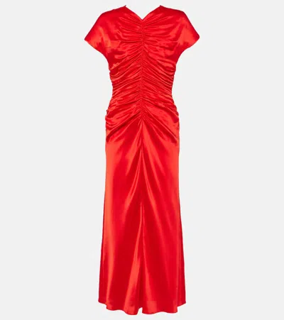Tove Aubree Short-sleeve Ruched Silk Midi Dress In Vivid Red