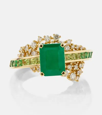 Ananya Scatter Emerald Sphere 18kt Gold Ring With Diamonds And Emeralds