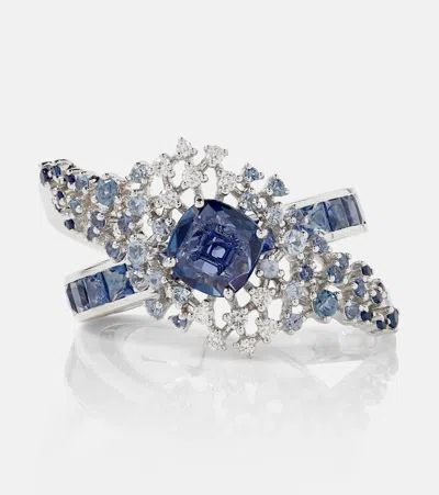 Ananya Scatter Orbit 18kt White Gold Ring With Sapphires And Diamonds In Silver