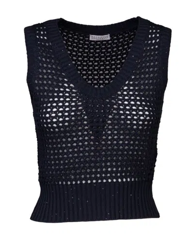 Brunello Cucinelli Sequin Embellished Open Knitted Waistcoat In Blue